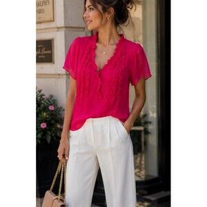 Oscar de la Renta Pink Ruffle V Neck Blouse Women’s 12 Sheer Career Top